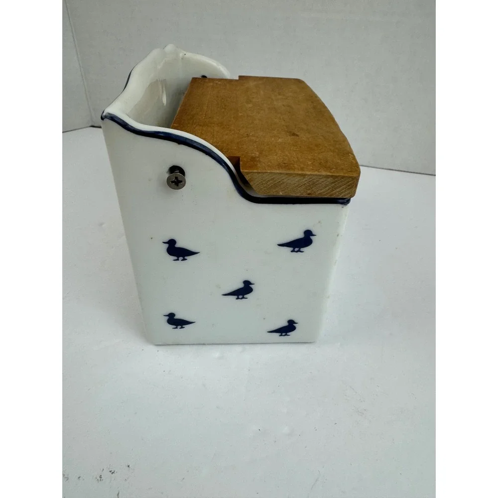 Vintage Shafford Blue Ducks Fine Porcelain Wall Hanging Salt Box Wooden Lid